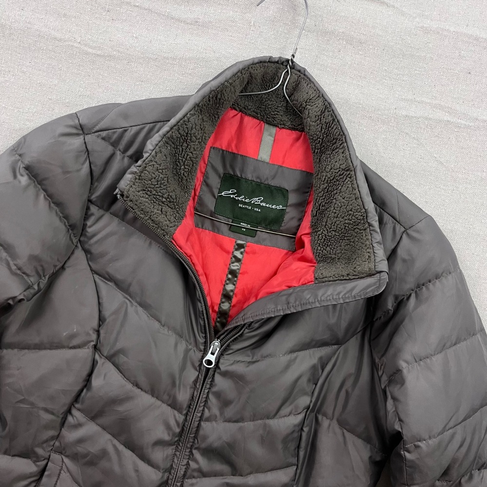 Eddie Bauer‎ EB550 Down Puffer Jacket XS Gray Quilted Sherpa Lined Mock Neck